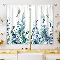 Blue Eucalyptus Botanical Leaves Floral Kitchen Window Curtains Flower Leaf Small Hummingbird Window Treatment Cafe Short Curtains for Bathroom Treatment Tier Drapes 27.5x39inch