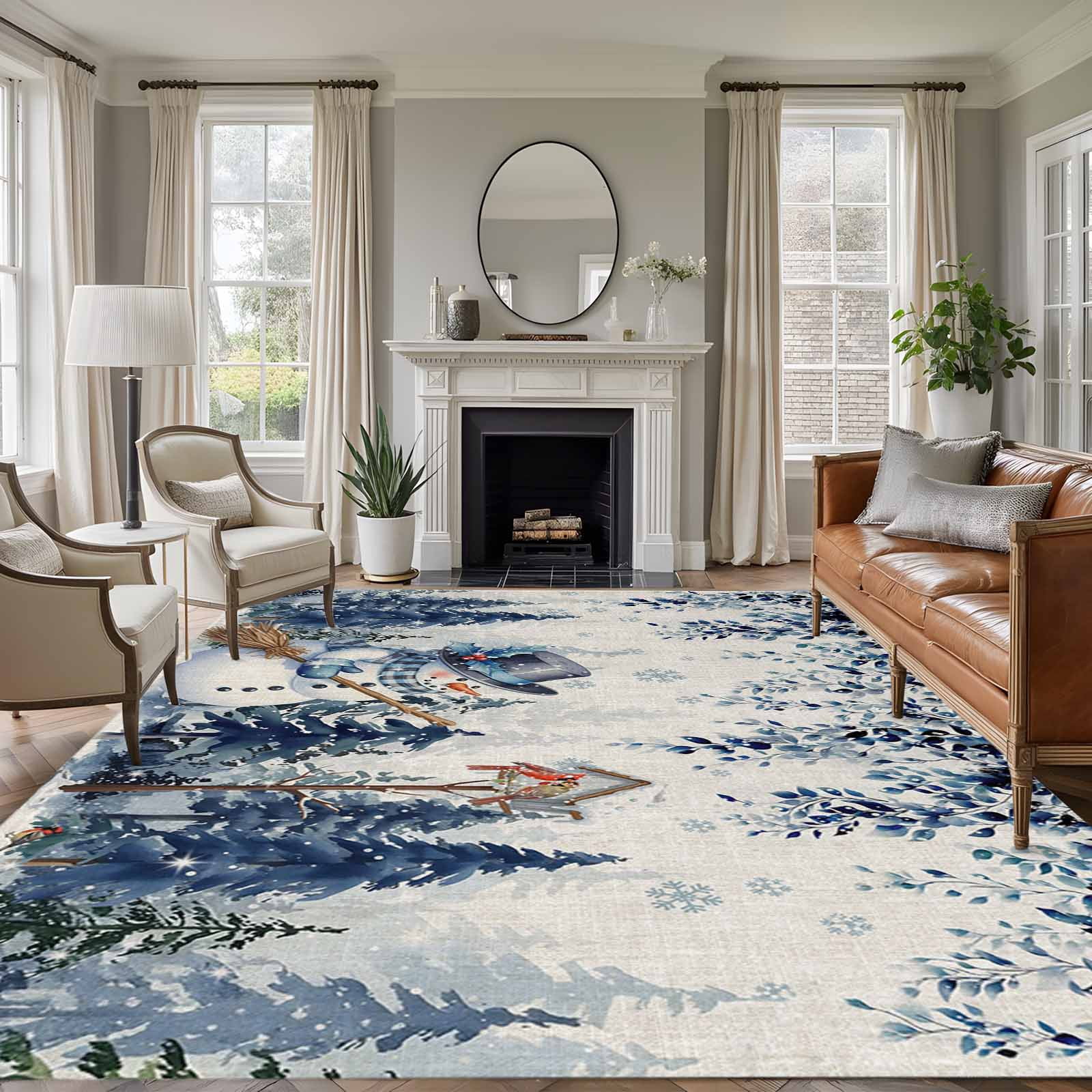 Round Blue Snowflake Rug Blue Eucalyptus Christmas Area Rugs 5'x7', Small Throw Rugs for Laundry ...
