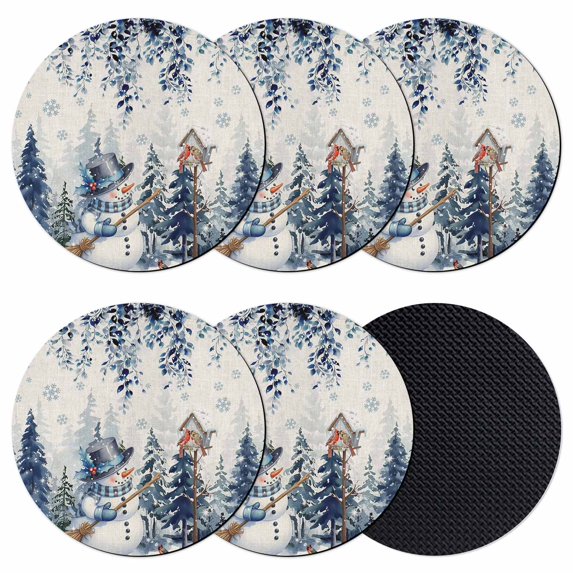 Blue Eucalyptus Christmas Coasters Set of 6, Absorbent Coasters for Drinks, Snowman Snowflake Xmas Tree Rustic Coaster for Desk Coffee Table Protection, Home Decor House Warming Gifts 4"
