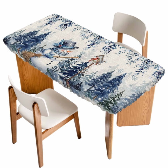 Blue Eucalyptus Christmas Table Cloths for 4 Foot Rectangle Tables, Snowman Snowflake Xmas Tree Rustic Patio Waterproof Elastic Fitted Tablecloths, Washable Rectangular Table Cover for Camping