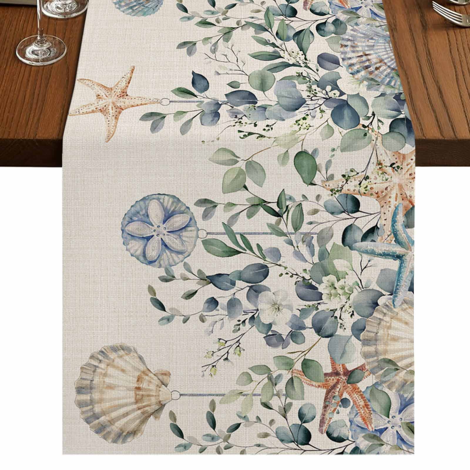 Blue Eucalyptus Coastal 36 Inch Table Runner, Starfish Shell Summer ...