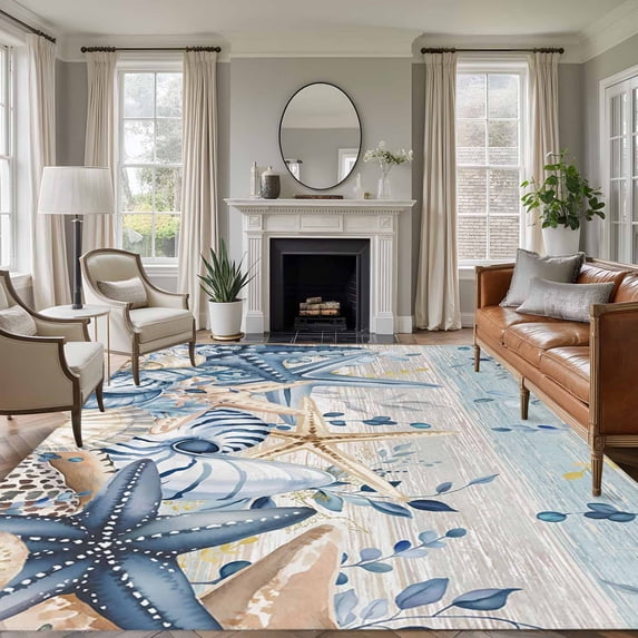 Blue Eucalyptus Coastal Area Rugs 6'x9', Small Throw Rugs for Kitchen Dining room, Beach Starfish Shell Nautical Vintage Indoor Outdoor Rug Non-Slip Low Pile Carpet Runner Reversible Floor Mats