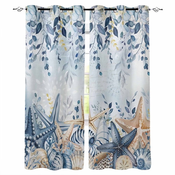 Blue Eucalyptus Coastal Blackout Curtains for Bedroom, Beach Starfish Shell Nautical Ombre Thermal Insulated Kitchen Drapes with Grommets, Light Blocking Window Treatment, 2 Panels 42" x 45"
