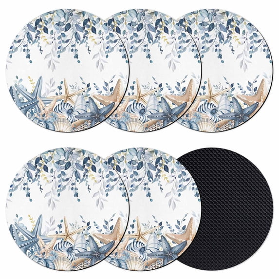 Blue Eucalyptus Coastal Coasters Set of 6, Absorbent Coasters for Drinks, Beach Starfish Shell Nautical Coaster for Desk Coffee Table Protection, Home Decor House Warming Gifts 4"