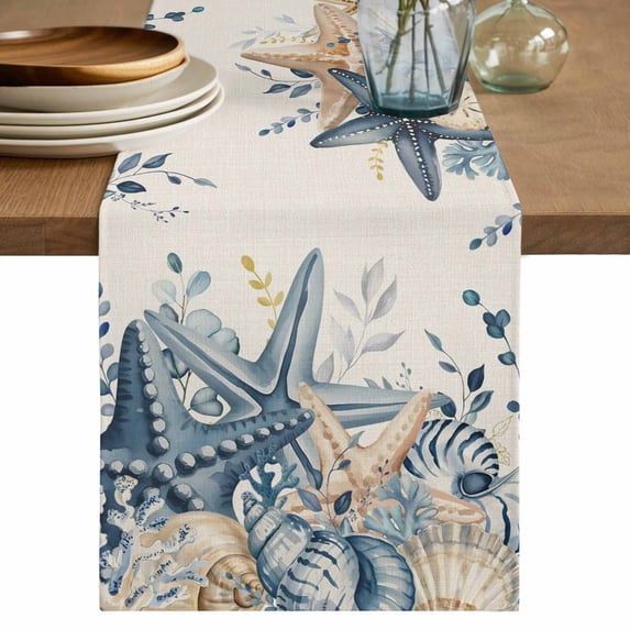 Blue Eucalyptus Coastal Cotton Linen Table Runner for Dining Kitchen, Beach Starfish Shell Nautical Rustic Wedding Outdoor Party Tablerunners, Dresser Scarf Coffee Tablecloth Runners 13x108 Inches