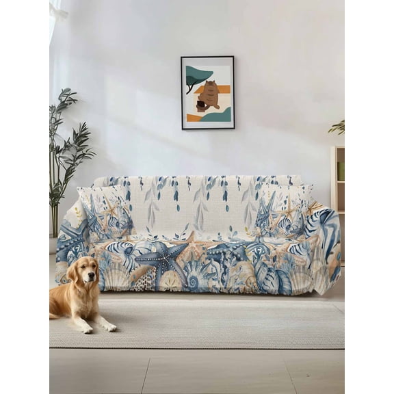 Blue Eucalyptus Coastal Couch Cover Sofa Covers 3 Cushion Sectional Couch, Beach Starfish Shell Nautical Rustic Washable Sofa Covers Slipcover Sectional Sofa Cover, Furniture Protector 71"x150"