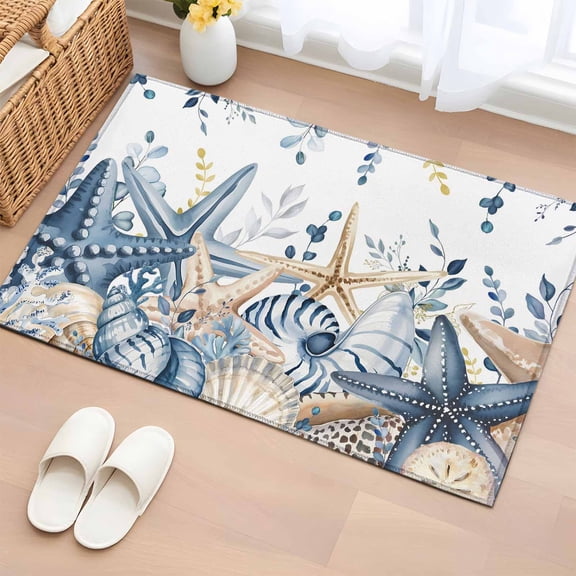 Blue Eucalyptus Coastal Entryway Rug 2'x3'&nbsp; Non Slip Front Door Mats, Beach Starfish Shell Nautical Entrance Rugs Indoor Outdoor Carpet, Washable Floor Mats Small Area Rug for Bedroom Kitchen