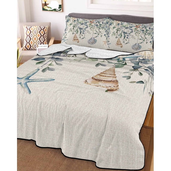 Blue Eucalyptus Coastal Full Size Down Alternative Comforter, Lightweight Comforter Quilt Bedding Set with Pillow Shams Starfish Shell Summer All Seasons Bed Comforter Duvet Insert 78"x90"
