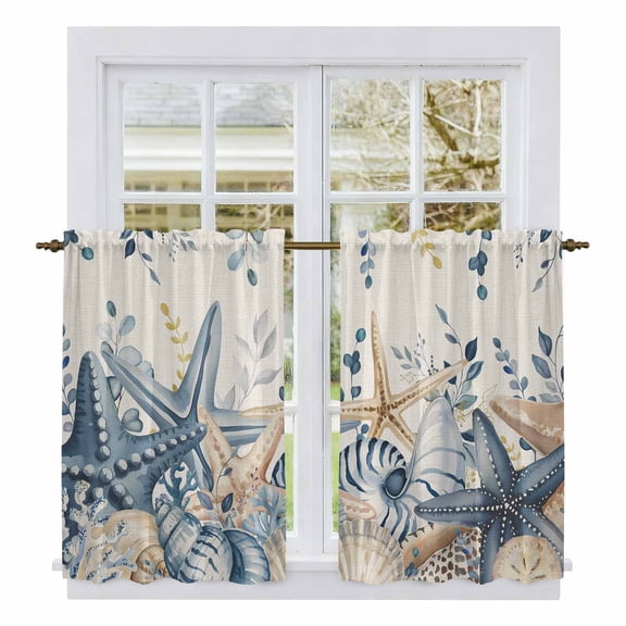 Blue Eucalyptus Coastal Kitchen Curtains 54 Inch Length, Beach Starfish Shell Nautical Rustic Tiers Curtains for Bathroom Bedroom Cafe, Light Filtering Window Treatment Drapes 2 Panels 42"Wx54"L