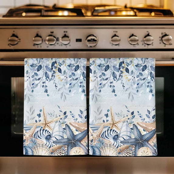 Blue Eucalyptus Coastal Kitchen Towels Set of 3, Beach Starfish Shell Nautical Ombre Absorbent Dish Towels for Kitchen, Microfiber Hand Towel, Quick Drying Tea Towel for Cleaning Dishcloths