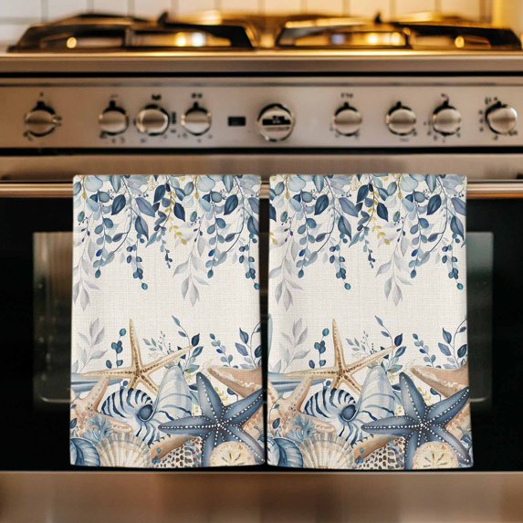 Blue Eucalyptus Coastal Kitchen Towels Set of 3, Beach Starfish Shell Nautical Rustic Absorbent Dish Towels for Kitchen, Microfiber Hand Towel, Quick Drying Tea Towel for Cleaning Dishcloths