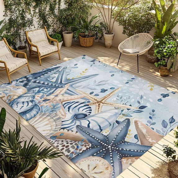 Blue Eucalyptus Coastal Outdoor Rug for Patio/Deck/Porch, Non-Slip Large Area Rug 4 x 6 Ft, Beach Starfish Shell Nautical Ombre Indoor Outdoor Rugs Washable Area Rugs, Camping Rug Carpet Runner