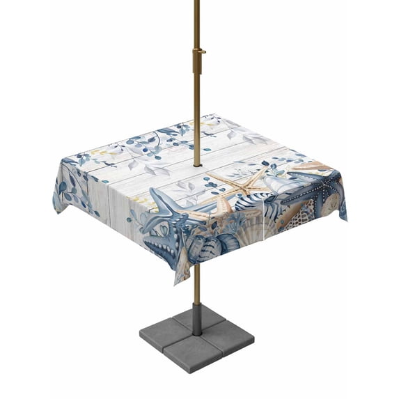 Blue Eucalyptus Coastal Outdoor Tablecloth - 60x60 Inch Square Dining Table Cover, Beach Starfish Shell Nautical Retro Waterproof Outdoor Table Cloth with Umbrella Hole & Zipper for Picnic/Patio