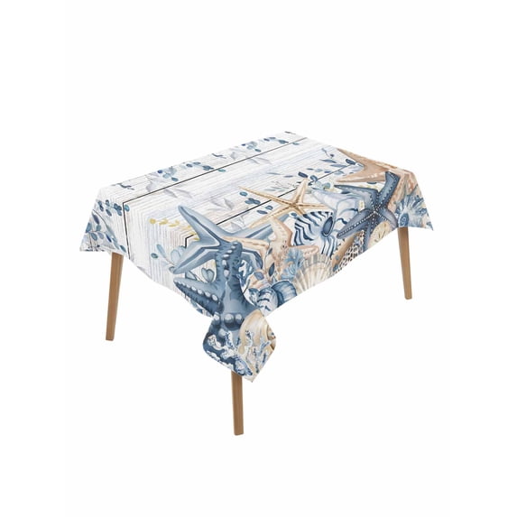 Blue Eucalyptus Coastal Rectangle Tablecloth, Beach Starfish Shell Nautical Retro Waterproof & StainResistant Tablecloth, Washable Oil-proof Table Cover for Dining/Party/Wedding/Buffet 60x84 In