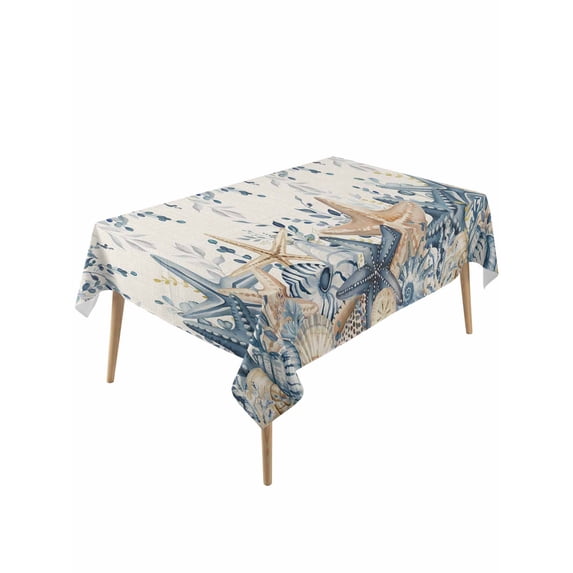 Blue Eucalyptus Coastal Rectangle Tablecloth, Beach Starfish Shell Nautical Rustic Waterproof & StainResistant Tablecloth, Washable Oil-proof Table Cover for Dining/Party/Wedding/Buffet 60x120 In