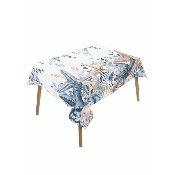Blue Eucalyptus Coastal Rectangle Tablecloth, Beach Starfish Shell Nautical Waterproof & StainResistant Tablecloth, Washable Oil-proof Table Cover for Dining/Party/Wedding/Camping/Buffet 52x70 In