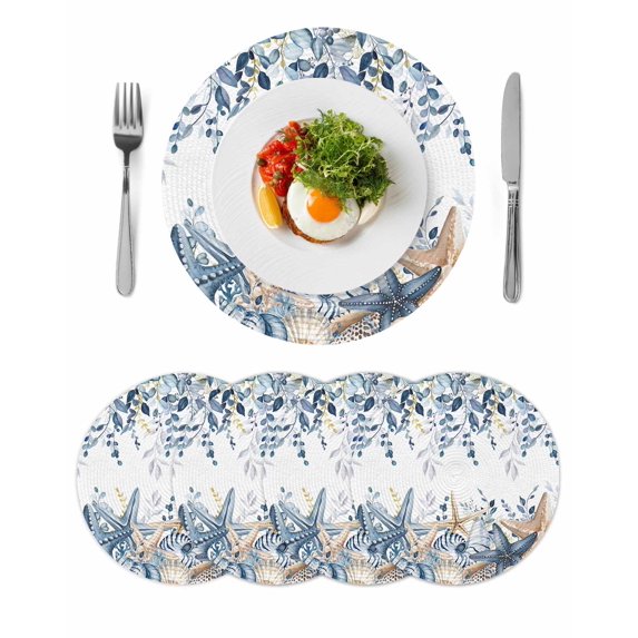 Blue Eucalyptus Coastal Round 13 Inch Placemats Set of 4, Beach Starfish Shell Nautical HeatResistant Non Slip Place Mats for Dining Table, Wipeable Braided Kitchen Table Mats for Housewarming