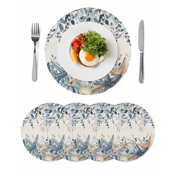 Blue Eucalyptus Coastal Round 13 Inch Placemats Set of 4, Beach Starfish Shell Nautical Rustic HeatResistant Non Slip Place Mats for Dining Table, Wipeable Braided Kitchen Table Mats for Housewarming