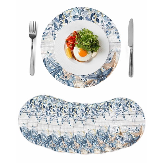 Blue Eucalyptus Coastal Round 15 Inch Placemats Set of 8, Beach Starfish Shell Nautical Retro HeatResistant Non Slip Place Mats for Dining Table, Wipeable Braided Kitchen Table Mats for Housewarming