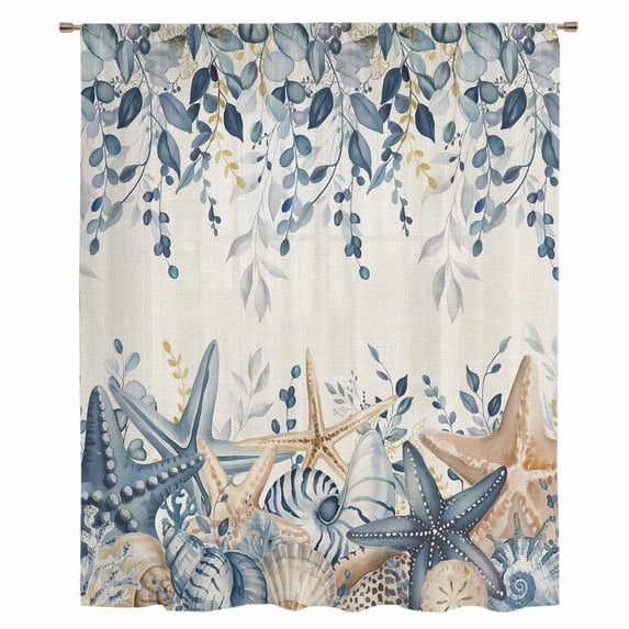 Blue Eucalyptus Coastal Sheer Curtains 54 Inches Long, Beach Starfish Shell Nautical Rustic Light Filering Curtains, Breathable Simi Curtain Privacy Drapes for Kitchen Bathroom Small Window Treatment