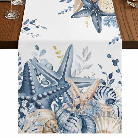 Blue Eucalyptus Coastal Short Table Runner 48 Inches Long,Beach Starfish Shell Nautical Cotton Linen Table Runners Dresser Scarves,Fabric Tabletop Scarf Furniture Cover for Home Dinner Party 13"x48"