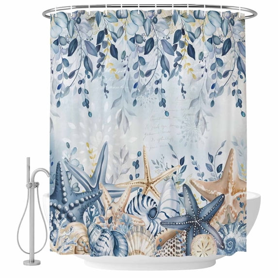 Blue Eucalyptus Coastal Shower Curtain, Waterproof Shower Curtains for Bathroom, Beach Starfish Shell Nautical Ombre Washable Fabric Bathtub Curtain Set Bath Decor with 12 Hooks Standard 72"x72"