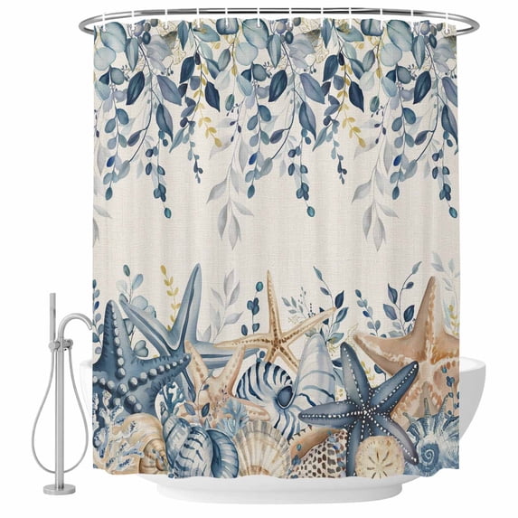 Blue Eucalyptus Coastal Shower Curtain, Waterproof Shower Curtains for Bathroom, Beach Starfish Shell Nautical Rustic Washable Fabric Bathtub Curtain Set Bath Decor with 12 Hooks 48"x72"