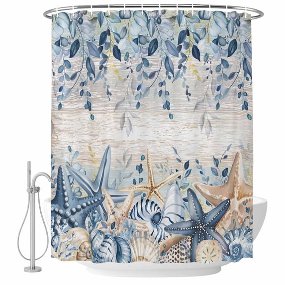 Blue Eucalyptus Coastal Shower Curtain, Waterproof Shower Curtains for Bathroom, Beach Starfish Shell Nautical Vintage Washable Fabric Bathtub Curtain Set Bath Decor with 12 Hooks Stall 36"x72"