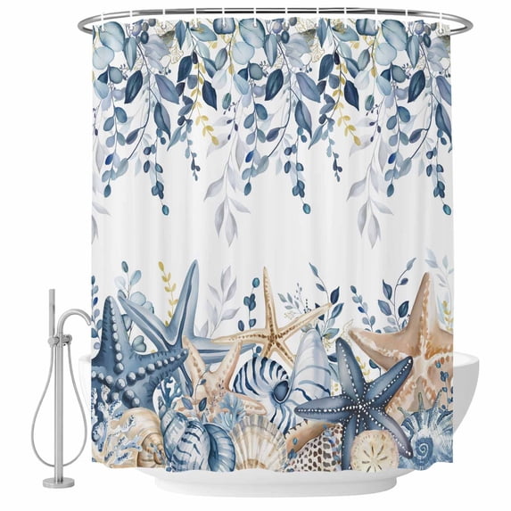 Blue Eucalyptus Coastal Shower Curtain, Waterproof Shower Curtains for Bathroom, Beach Starfish Shell Nautical Washable Fabric Bathtub Curtain Set Bath Decor with 12 Hooks 72"x78"