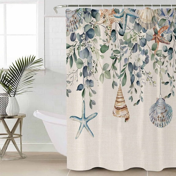 Blue Eucalyptus Coastal Standard Shower Curtain Set, Waterproof Shower Curtains for Bathroom, Starfish Shell Summer Washable Fabric Cloth Bath Curtain for Bathtub Decoration with Hooks 72x72 Inches