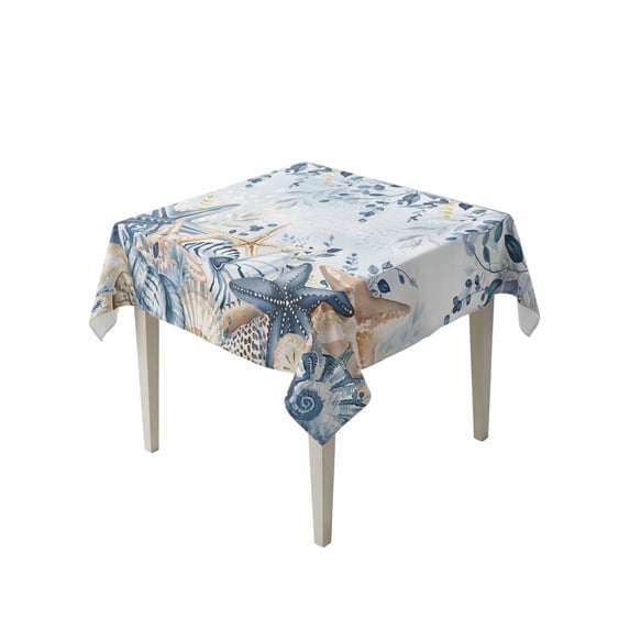 Blue Eucalyptus Coastal Suqare Tablecloth - 54 x 54 Inch, Beach Starfish Shell Nautical Ombre Waterproof & StainResistant Tablecloth, Washable Oil-proof Table Cover for Dining/Party/Wedding/Buffet