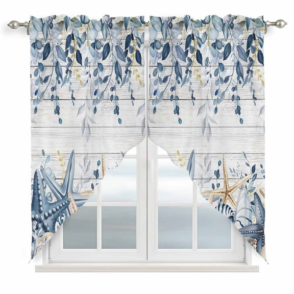 Blue Eucalyptus Coastal Swag Curtains for Kitchen/Bedroom/Living Room, Beach Starfish Shell Nautical Retro Scalloped Curtains 63 Inch Long, Window Swag Topper Curtains Valances 2 Panels Set 36"x63"