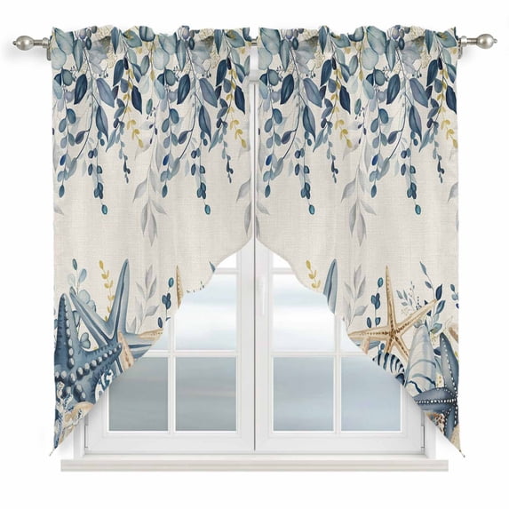 Blue Eucalyptus Coastal Swag Curtains for Kitchen/Bedroom/Living Room, Beach Starfish Shell Nautical Rustic Scalloped Curtains 63 Inch Long, Window Swag Topper Curtains Valances 2 Panels Set 36"x63"