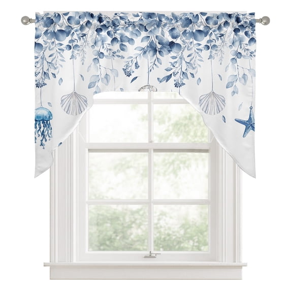 Blue Eucalyptus Coastal Swag Valances for Windows, Beach Starfish Jellyfish Kitchen Valance Rod Pocket Window Treatment, Bathroom Swag Curtain Panel for Living Room, 56 x 36 inch