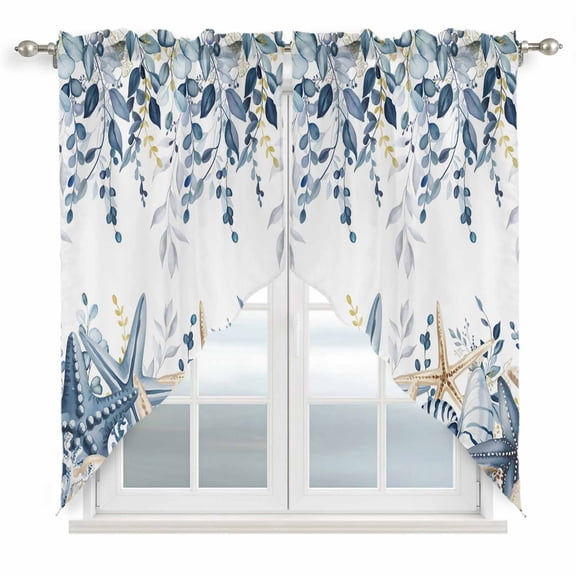 Blue Eucalyptus Coastal Swag Valances for Windows, Kitchen Curtains 36 Inch Length 2 Panels Set, Beach Starfish Shell Nautical Short Curtains for Small Windows Rod Pocket Cafe Curtains Drapes 28"x36"
