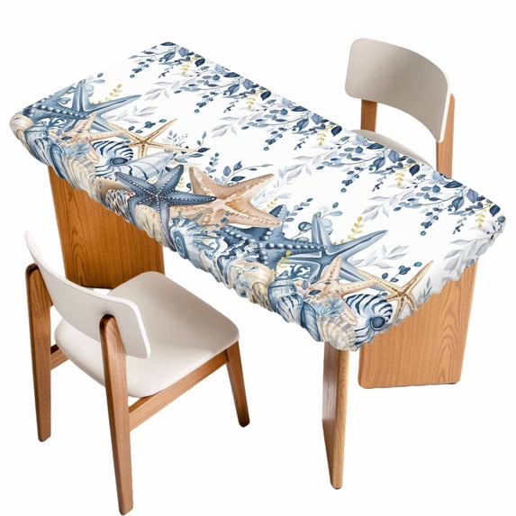 Blue Eucalyptus Coastal Table Cloths for 3 Foot Rectangle Tables, Beach Starfish Shell Nautical Patio Waterproof Elastic Fitted Tablecloths, Washable Rectangular Table Cover for Camping