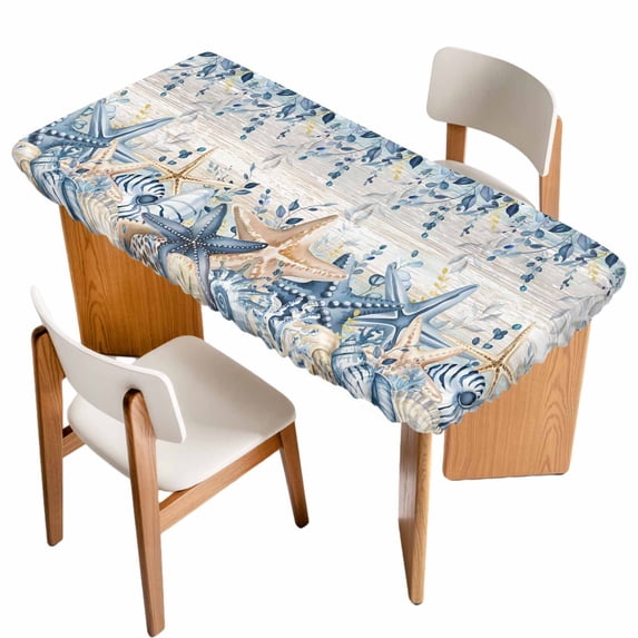 Blue Eucalyptus Coastal Table Cloths for 4 Foot Rectangle Tables, Beach Starfish Shell Nautical Vintage Patio Waterproof Elastic Fitted Tablecloths, Washable Rectangular Table Cover for Camping