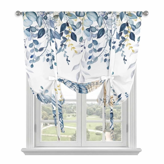 Blue Eucalyptus Coastal Tie Up Curtains 45 Inches Long, Kitchen Window Curtains Over Sink, Beach Starfish Shell Nautical Small Window Curtains Shade Balloon Curtains Valances for Bedroom/Cafe 34"x45"