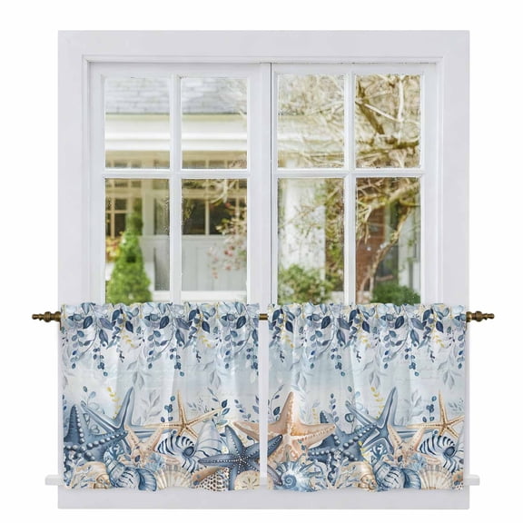Blue Eucalyptus Coastal Tier Curtains 24 Inch Length, Beach Starfish Shell Nautical Ombre Cafe Short Curtains for Bathroom Over Sink, Small Kitchen Curtain Light Filtering Drapes 2 Panels 27.5"Wx24"L