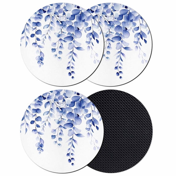 Blue Eucalyptus Coasters Set of 4, Botanical Plant Rustic Branch Absorbent Coasters for Drinks, Coaster for Bar Office Dining Coffee Table Accessories Decor, Non Slip Round Desk Coaster
