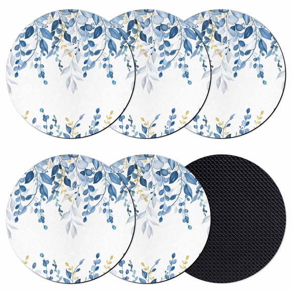 Blue Eucalyptus Coasters Set of 6, Absorbent Coasters for Drinks, Watercolor Spring Weeping Botanical Coaster for Desk Coffee Table Protection, Home Decor House Warming Gifts 4"
