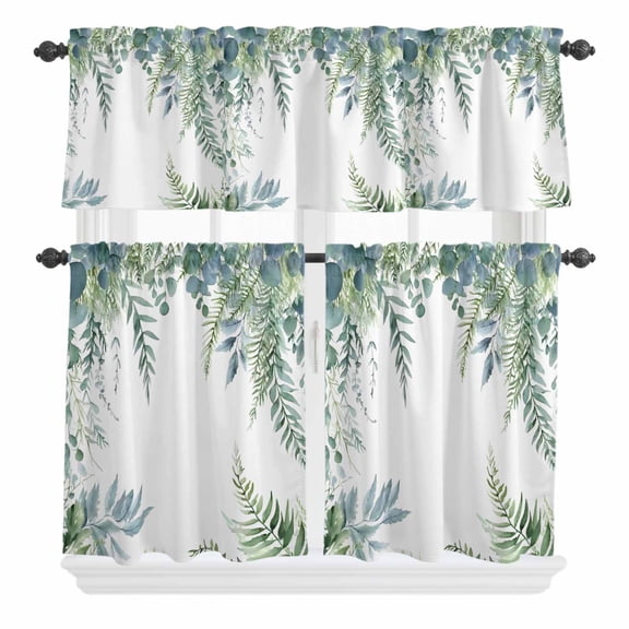 Blue Eucalyptus Curtain Valances Set Leaves Bottle Ribbon Farmhouse Linen Texture Kitchen Curtains 36 inch Length Rod Pocket Valance and Tiers 3 Piece Set Small Bedroom Bathroom Laundry Decor