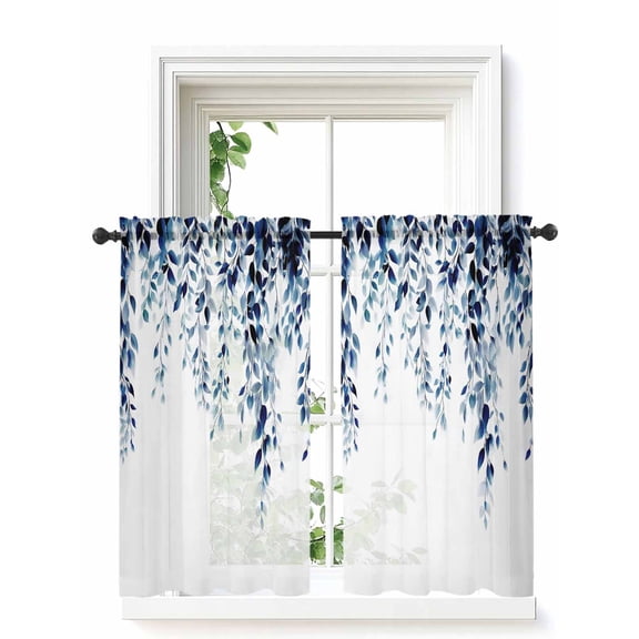 Blue Eucalyptus Curtains 54 Inch Length, Sheer Curtains for Bedroom Living Room Window Weeping Botanical Leaf Watercolor Rod Pocket Voile Drapes Kitchen Curtains Small Half Window 42"x54" 2 Panels