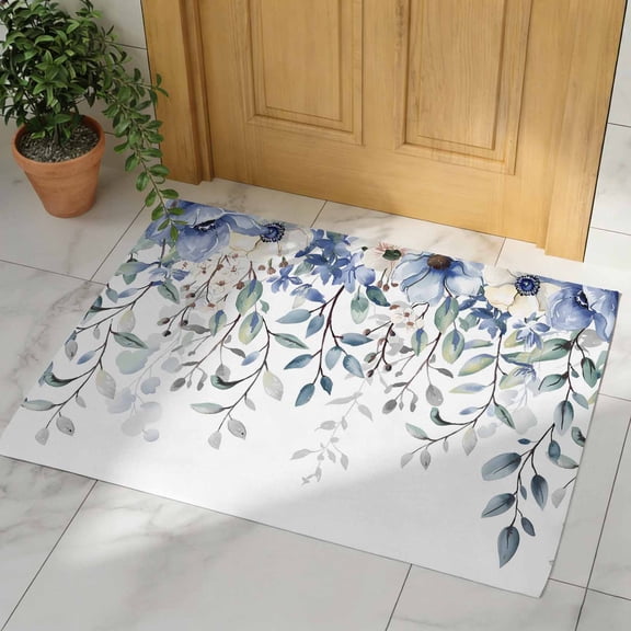 Blue Eucalyptus Door Mat, Non Slip Bathroom Rugs, Farmhouse Flowers Leaf White Watercolor Absorbent Floor Mats, Washable Runner Rug Indoor Doormat for Front Door Entrance, Patio, Garage 16"x24"