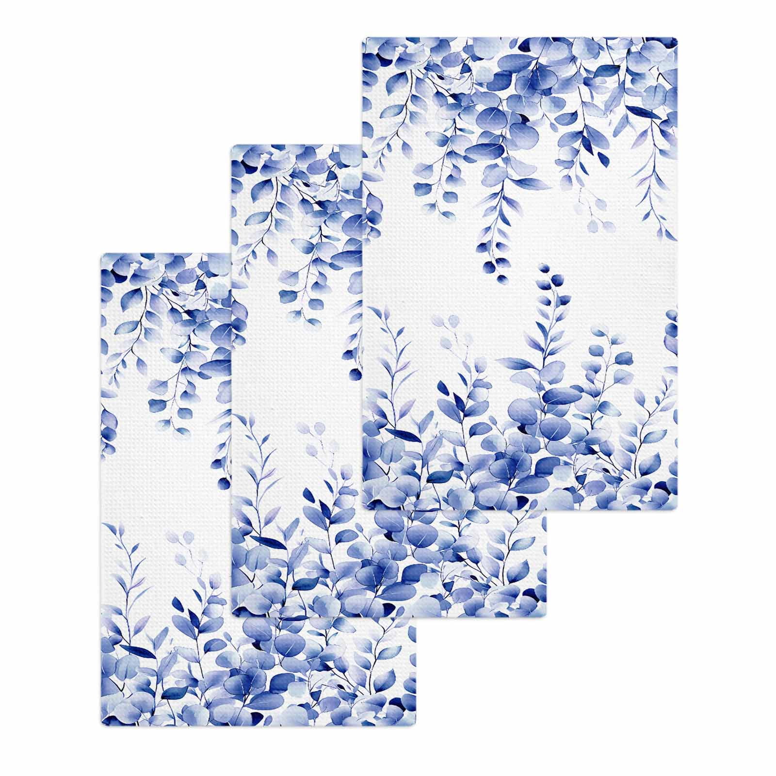 Blue Eucalyptus Hand Towels Set,Waffle Weave Kitchen Towels 3Pcs, Botanical Plant Rustic Succulent Branch Microfiber Hair Face Bath Tea Towel Absorbent Quick Drying Cleaning Dish Cloths 15.7"x23.6"