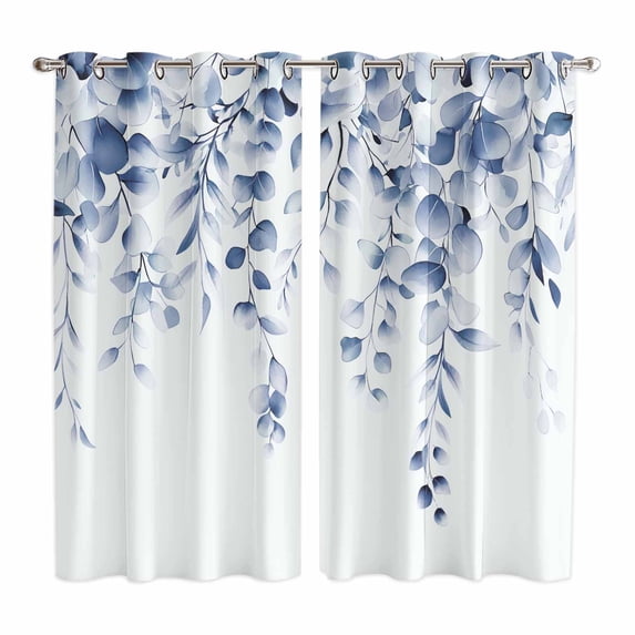 Blue Eucalyptus Kitchen Curtains 63 Inch Length, Botanical Plant Rustic Branch Floral Grommet Top Bedroom Living Room Curtains, Light Filtering Cafe Curtain Drapes 2 Panels Set 84''x63''