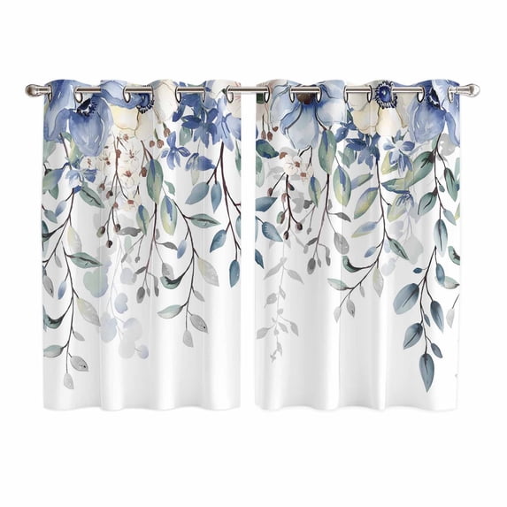 Blue Eucalyptus Kitchen Curtains 72 Inch Length, Farmhouse Flowers Leaf White Watercolor Grommet Top Bedroom Living Room Curtains, Light Filtering Cafe Curtain Drapes 2 Panels Set 104''x72''