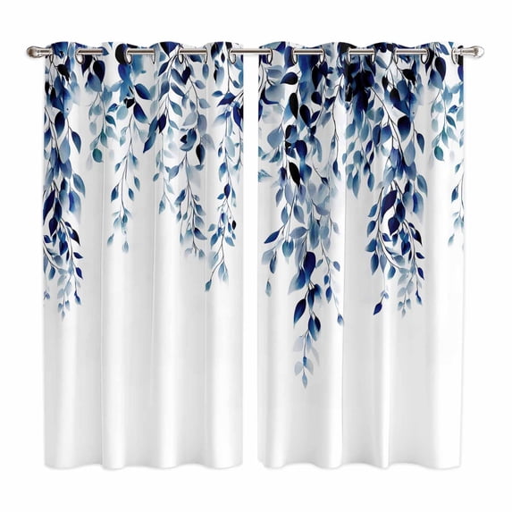 Blue Eucalyptus Kitchen Curtains 84 Inch Length, Weeping Botanical Leaf Watercolor Grommet Top Bedroom Living Room Curtains, Light Filtering Cafe Curtain Drapes 2 Panels Set 104''x84''
