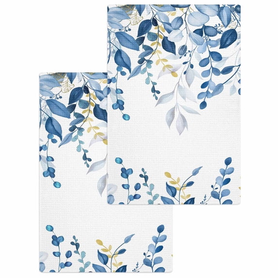 Blue Eucalyptus Kitchen Dish Towels for Drying Dishes Set of 2, Watercolor Spring Weeping Botanical Waffle Weave Microfiber Hand Tea Bathroom Towels Quick Dry & Absorbent Towel 15.7x23.6