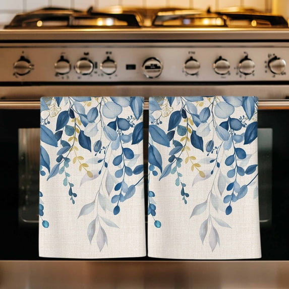Blue Eucalyptus Kitchen Towels Set of 1, Farmhouse Weeping Leaves Linen Absorbent Dish Towels for Kitchen, Microfiber Hand Towel, Quick Drying Tea Towel for Cleaning Decorative Dishcloths